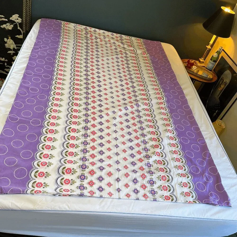 VTG 70s Purple Floral Cotton Duvet Cover 76x50 Folk Stripe Coquette Cottagecore
